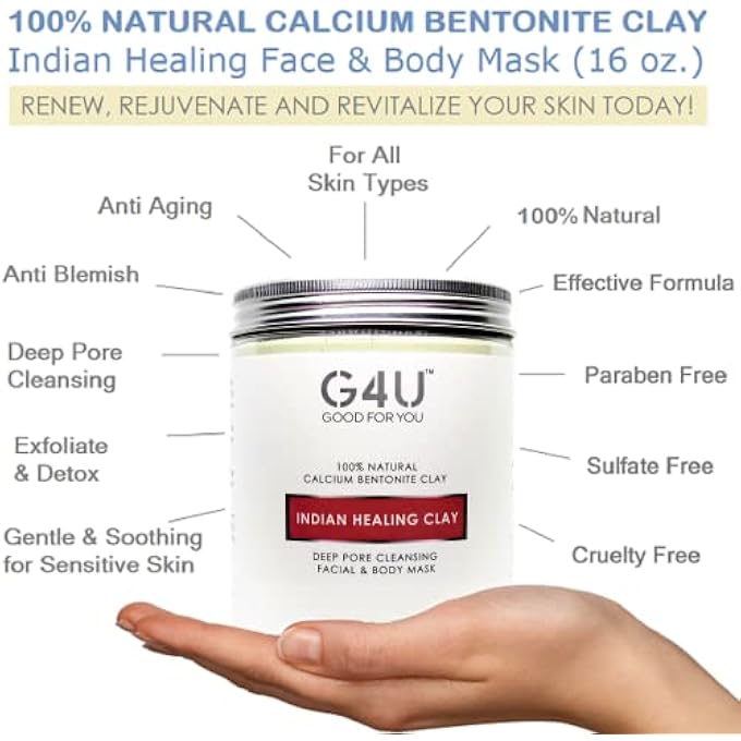 G4U INDIAN HEALING CLAY MASK (16 OZ),100% NATURAL CALCIUM BENTONITE, DEEP PORE CLEANSING FACIAL & PURIFYING MASK, ANTI-ACNE DETOX & REJUVENATING FACE & BODY MASK, PARABEN & SULFATE FREE - Image 2